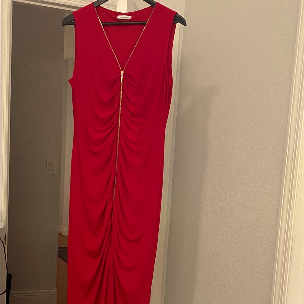 Calvin Klein Elegant Red Ruched Ankle Length Dress with Functional Gold Zipper